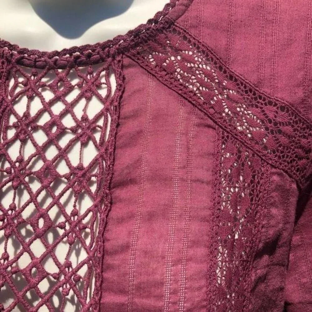Free People Button Back Lace XS Top Without You Burgundy Maroon Anthropologie